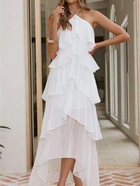 White Ruffle Halter Midi Dress